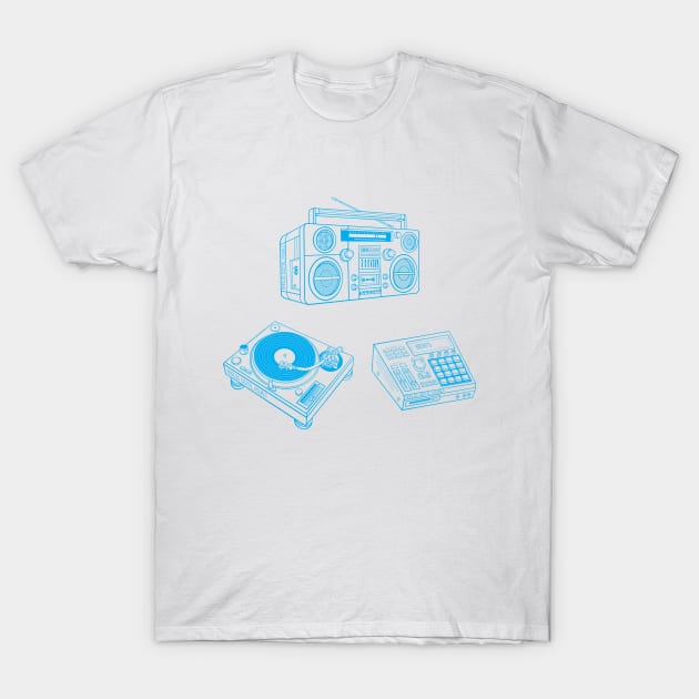 Boombox, Beat Maker, Turntable (Button Blue Lines) Analog / Music T-Shirt by Analog Digital Visuals